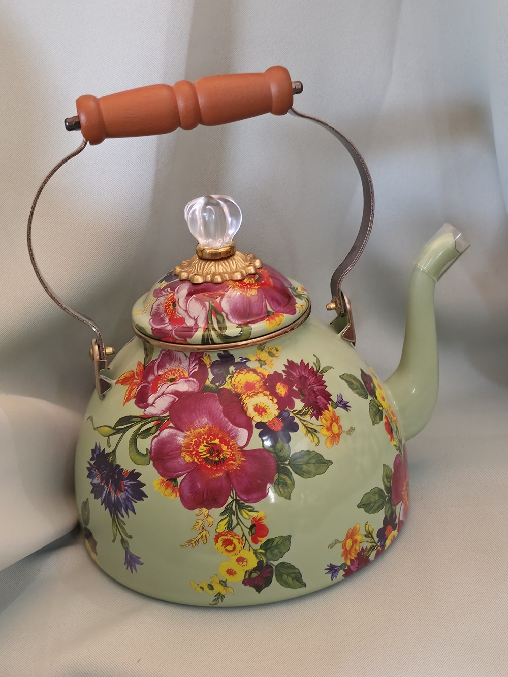 MacKenzie-Childs Sage Green Floral Enamel Tea Kettle with Pink and Yellow Blooms